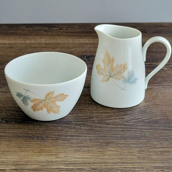 Vintage Noritake Maplewood Creamer & Sugar Bowl, Blue & Tan Autumn Leaves c1960s - Picture 1 of 12